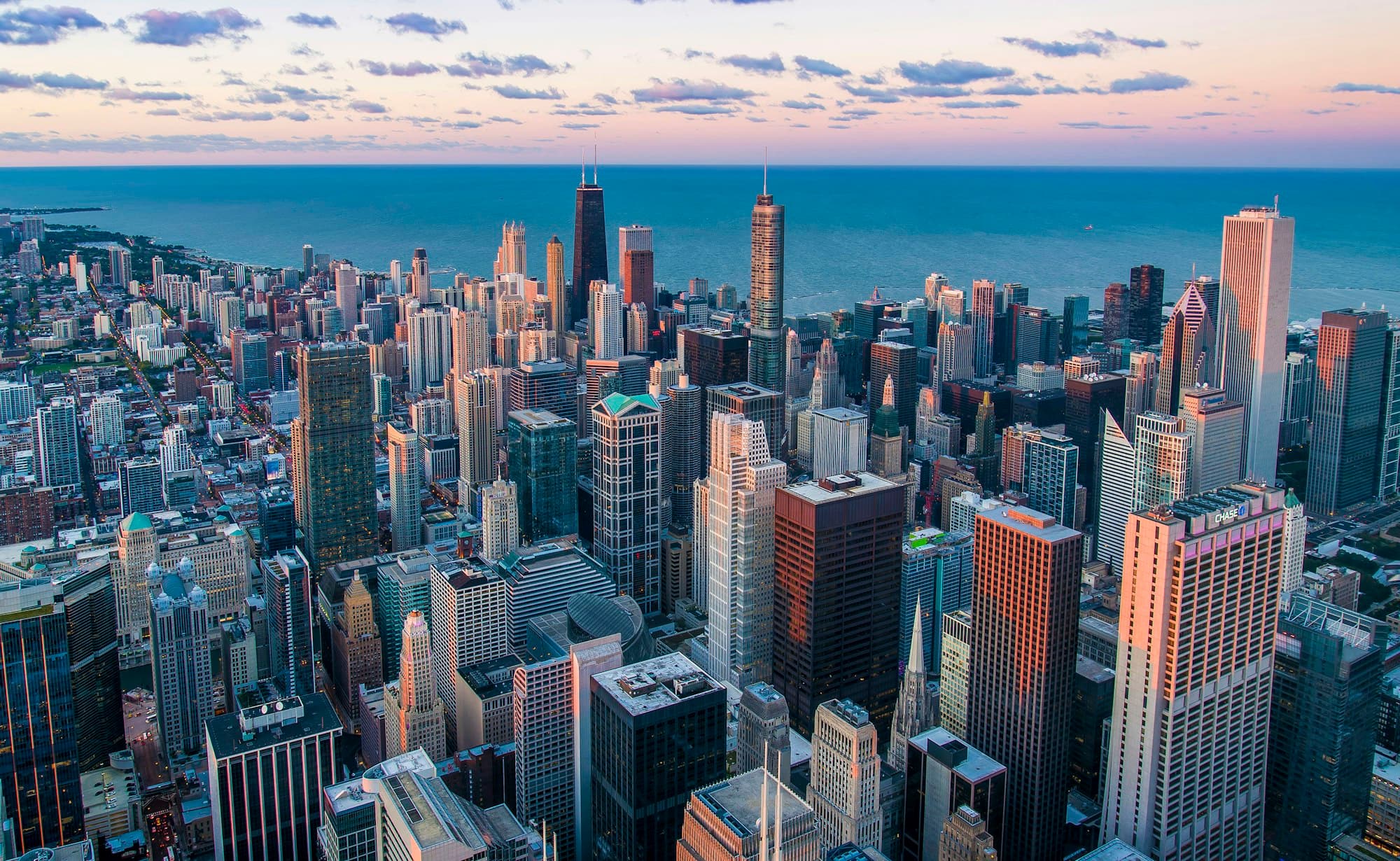 A city skyline at dusk
